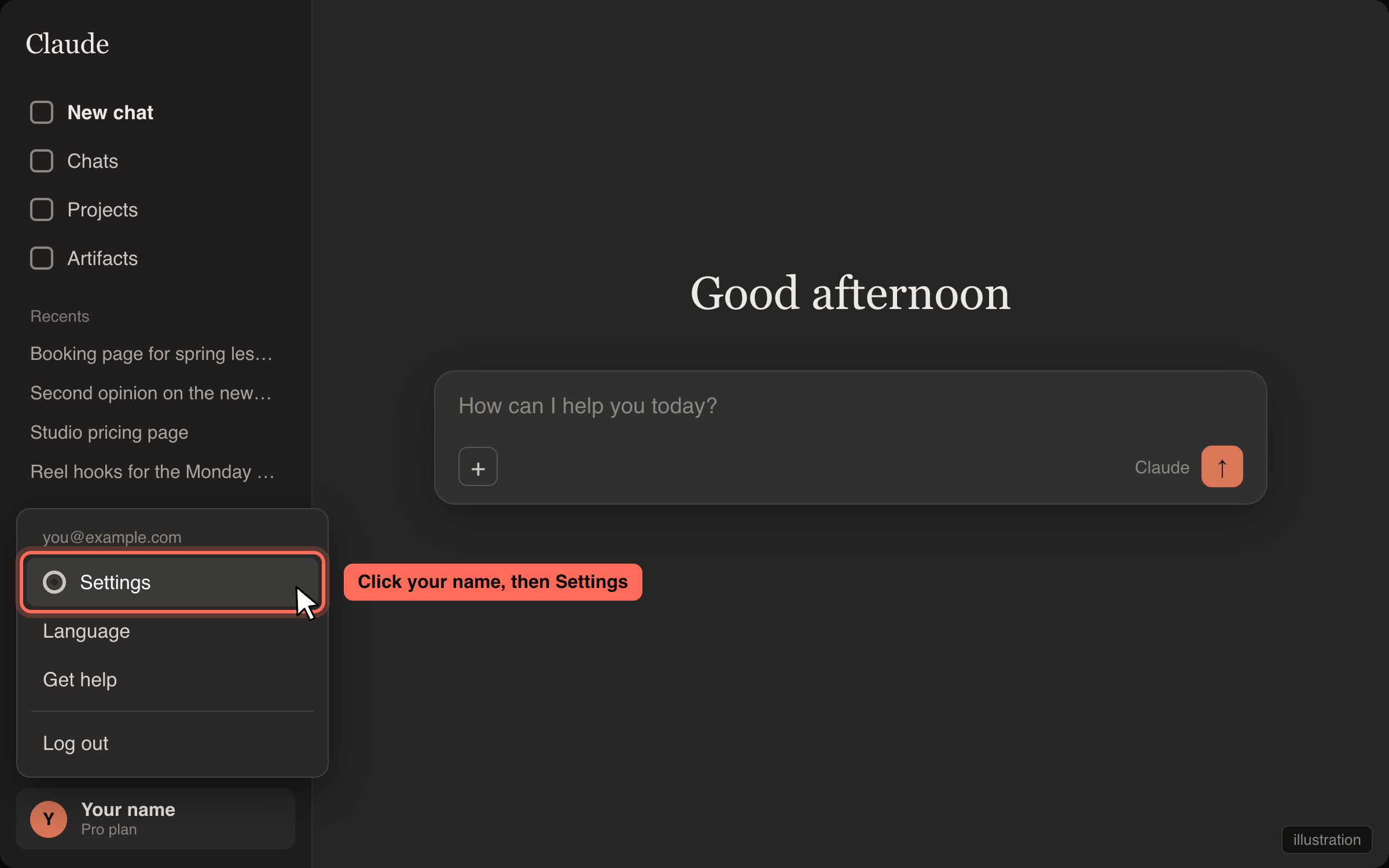 Claude app with the account menu open and Settings highlighted