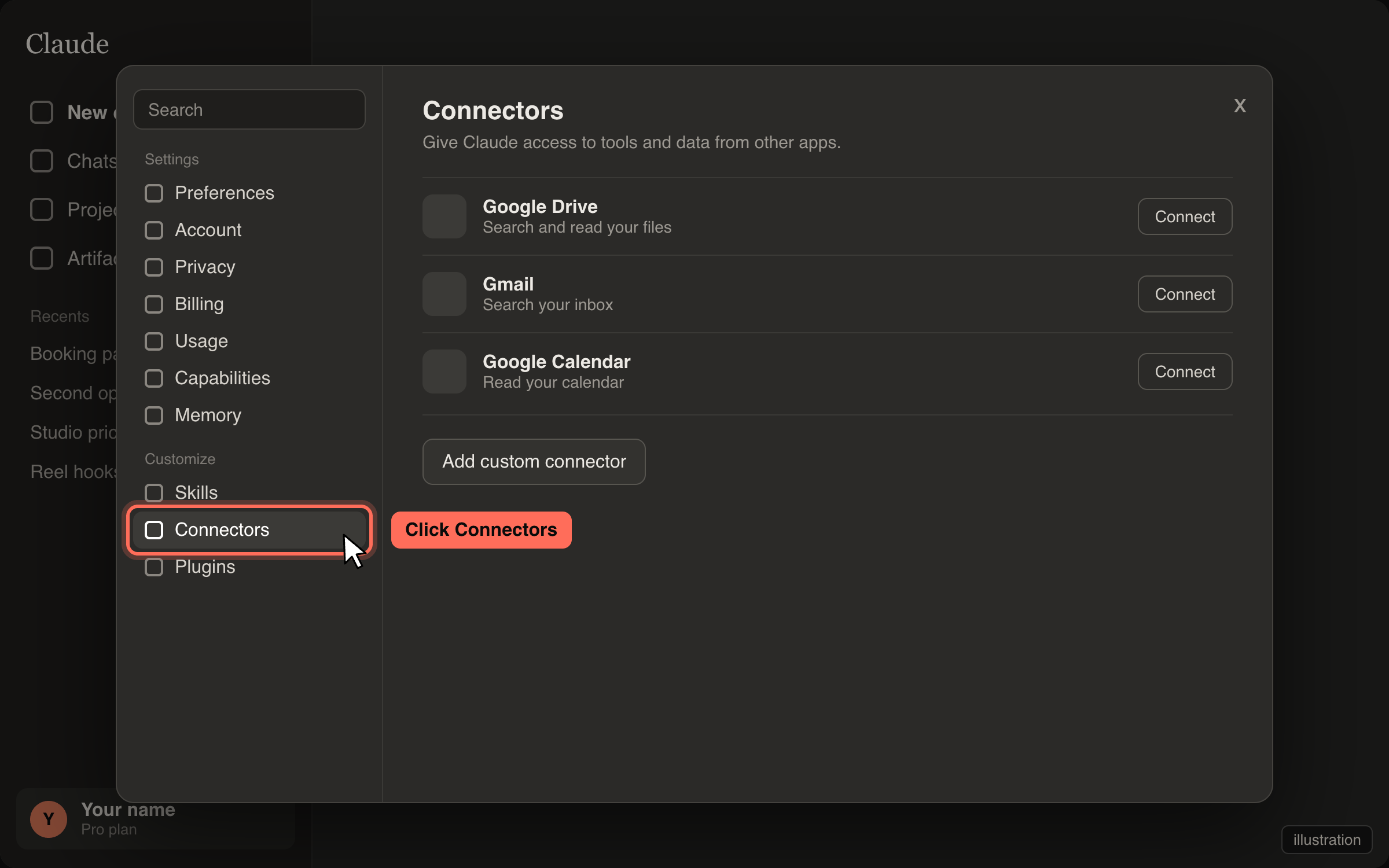 Claude settings with Connectors highlighted in the left list