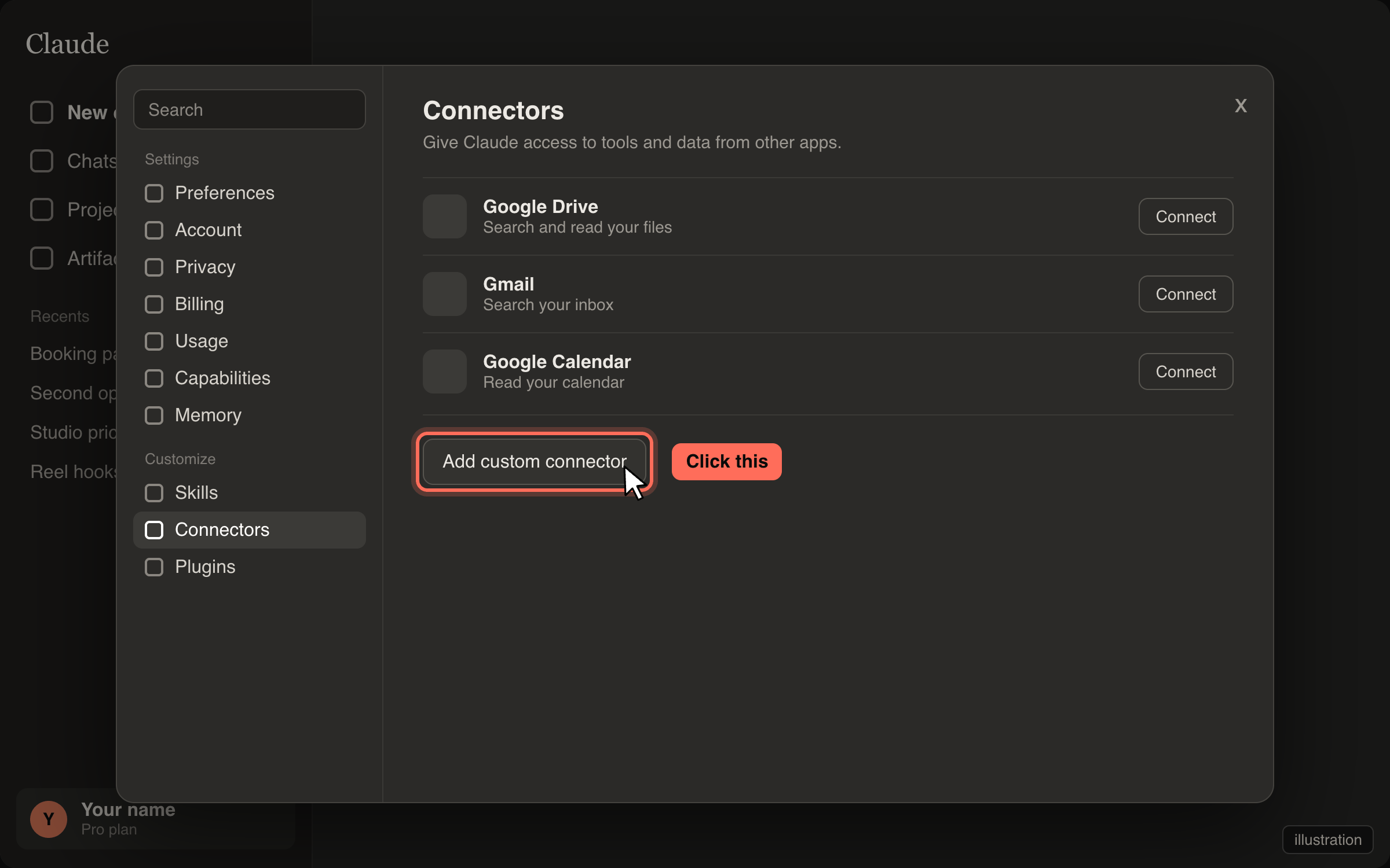 The Add custom connector button at the bottom of the Connectors page