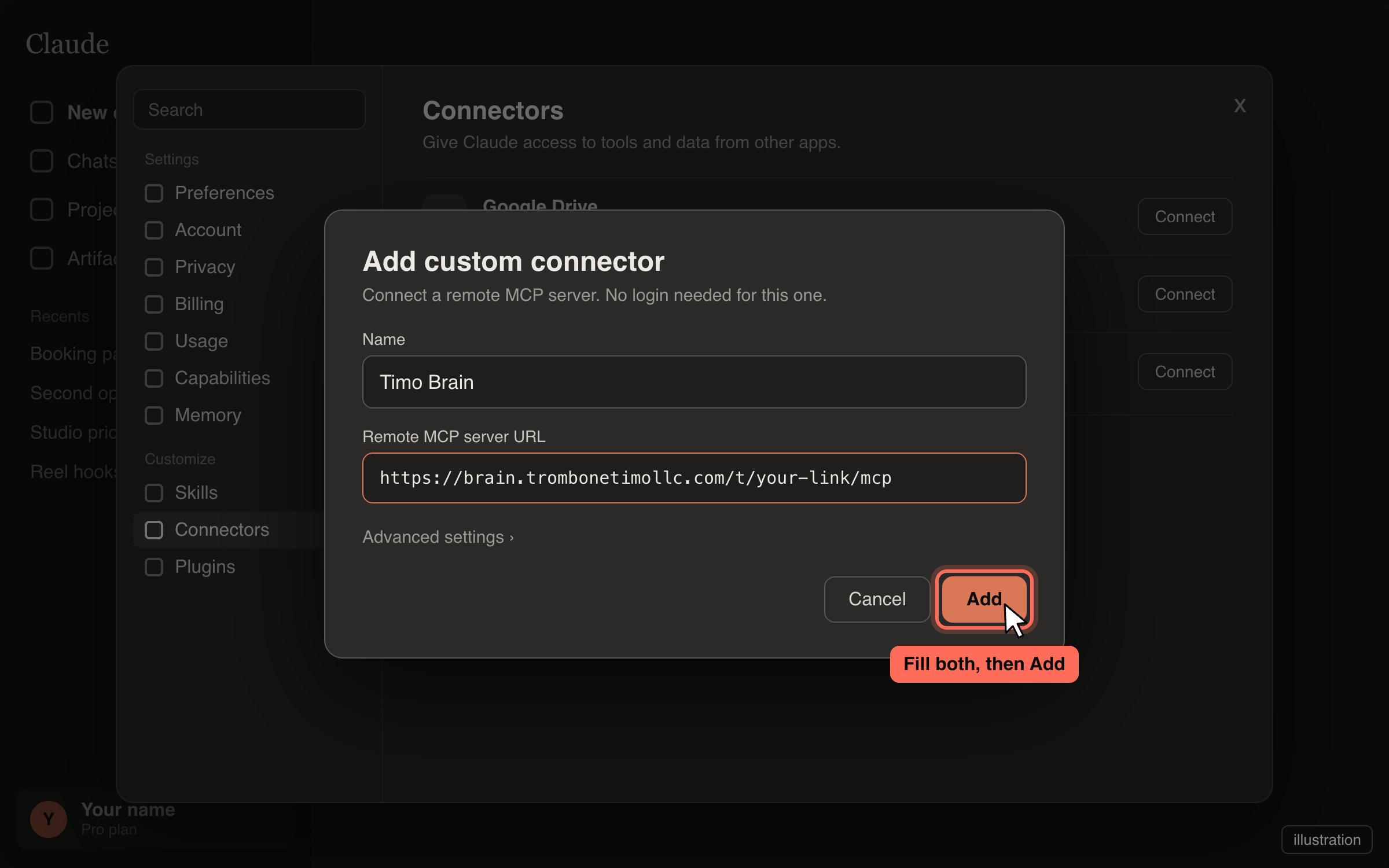 Add custom connector dialog with Name set to Timo Brain and the URL filled in