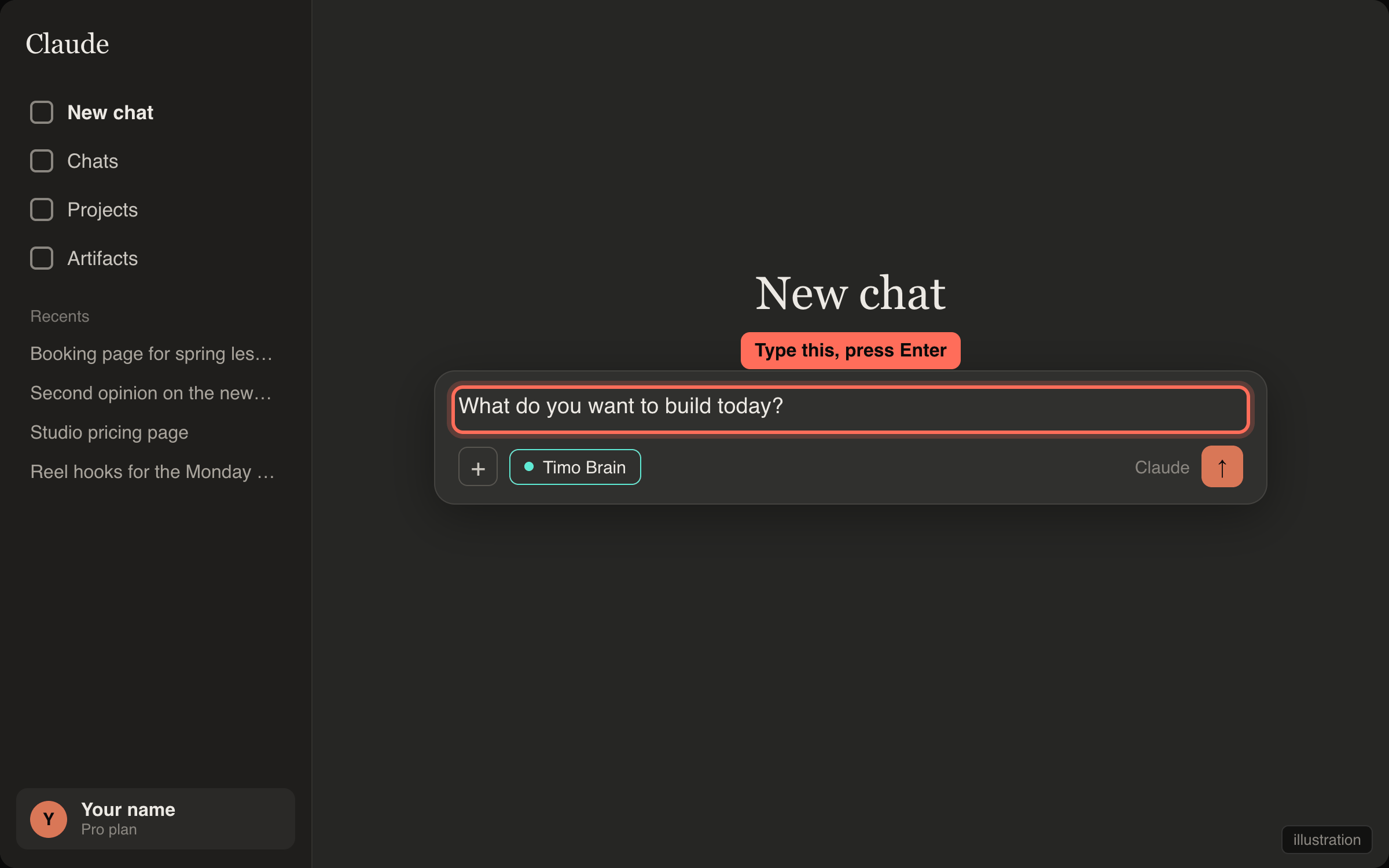 A new Claude chat with the question typed and Timo Brain switched on