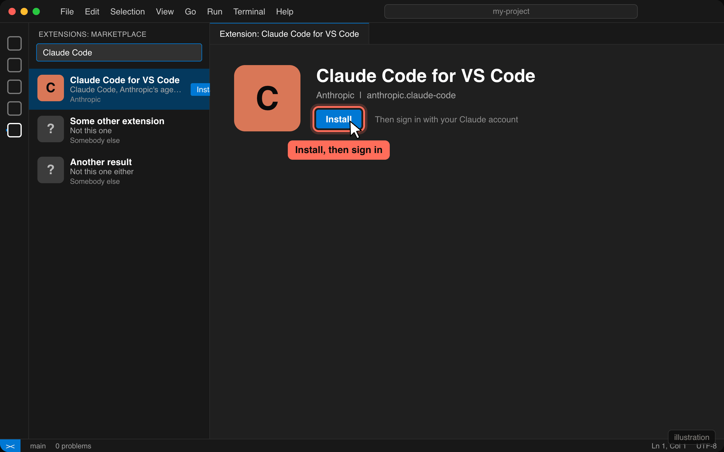 VS Code extensions view searching for Claude Code with the Install button highlighted