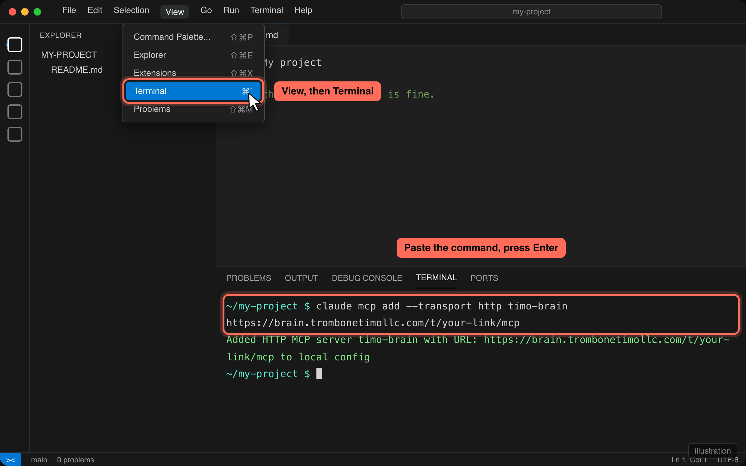 VS Code with the View menu open on Terminal and the claude mcp add command in the terminal