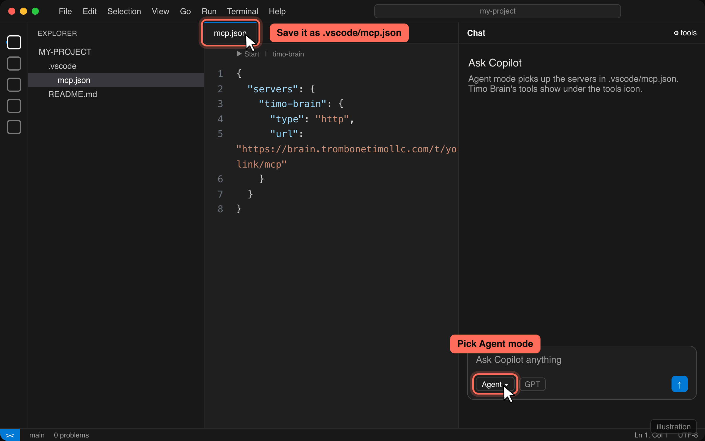 VS Code editing .vscode/mcp.json with Copilot Chat in Agent mode